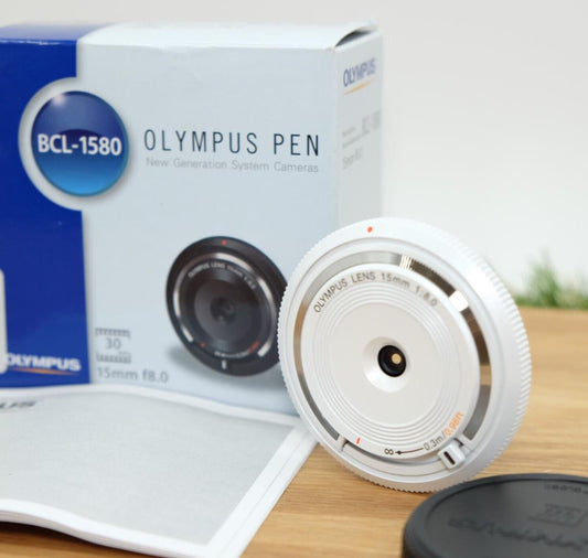 Olympus 15mm f/8 Lens BCL-1580 White for PEN Camera W/ Box Japan [Mint] #1139A