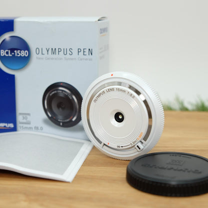 Olympus 15mm f/8 Lens BCL-1580 White for PEN Camera W/ Box Japan [Mint] #1139A